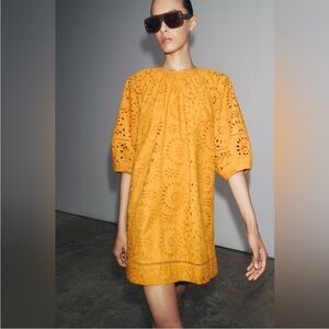 Zara Yellow embroidered puff sleeve Eyelet mini Dress adjustable tie XL NWT!